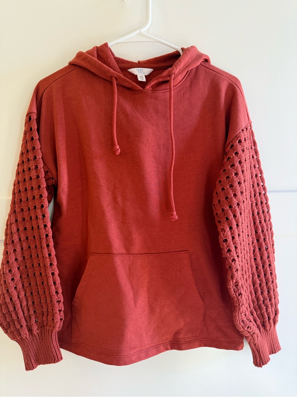 Mixed Media XS Rust Orange Hoodie Crochet Knit Balloon Sleeve Boho